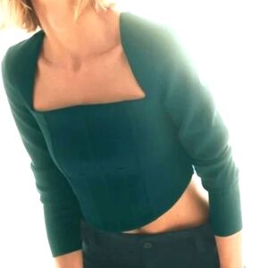 Zara Emerald Green Sz Small Cropped Piped Open Back Stretchy  Long Sleeve Blouse